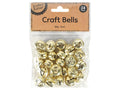 gold colour; small round bell shape; pack of 24 bells; clear plastic packaging; kraft paper label;