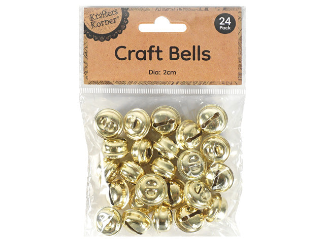 gold colour; small round bell shape; pack of 24 bells; clear plastic packaging; kraft paper label;