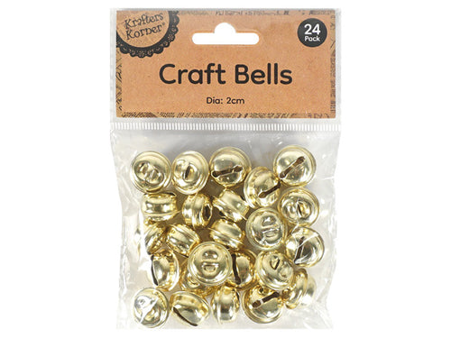 gold colour; small round bell shape; pack of 24 bells; clear plastic packaging; kraft paper label;