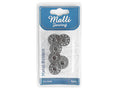 6 metal bobbins visible; silver metal colour; circular shape with centre hole; small 2cm size; packaged in clear blister pack with blue label;