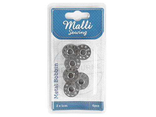6 metal bobbins visible; silver metal colour; circular shape with centre hole; small 2cm size; packaged in clear blister pack with blue label;
