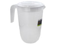 Translucent white plastic material; Ergonomic handle on side; Fitted lid on top; Rounded jug shape;