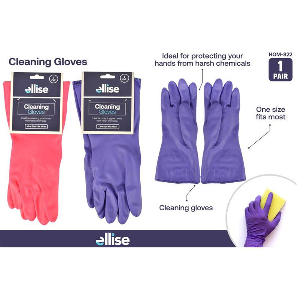 gloves in pink and purple colours; rubber material; textured grip on fingers and palm; packaged with label showing brand 'ellise'; long cuff design;