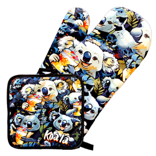 blue background with colourful koala print; includes oven mitt and square pot holder; both pieces have black trim; fabric material; printed word 'Koala' on pot holder;