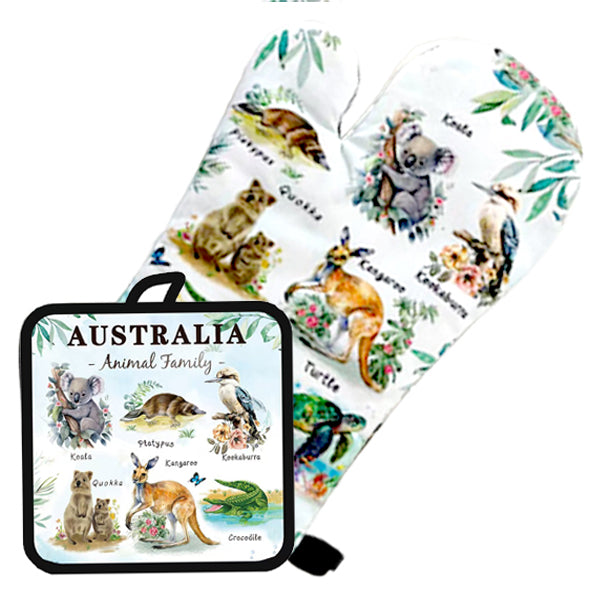 white fabric with colourful illustrations of Australian animals; includes oven mitt and square pot holder; features koala, kangaroo, kookaburra, quokka, platypus, turtle, crocodile; loop on each item for hanging;