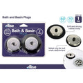 silver metal capped plugs; black rubber body; pack of two plugs; sizes marked 50mm and 70mm; metal ring for pull chain;
