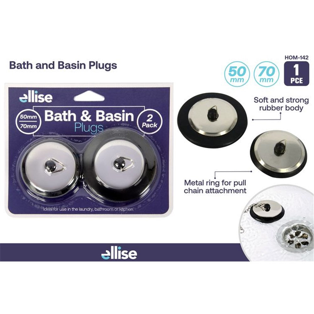 silver metal capped plugs; black rubber body; pack of two plugs; sizes marked 50mm and 70mm; metal ring for pull chain;
