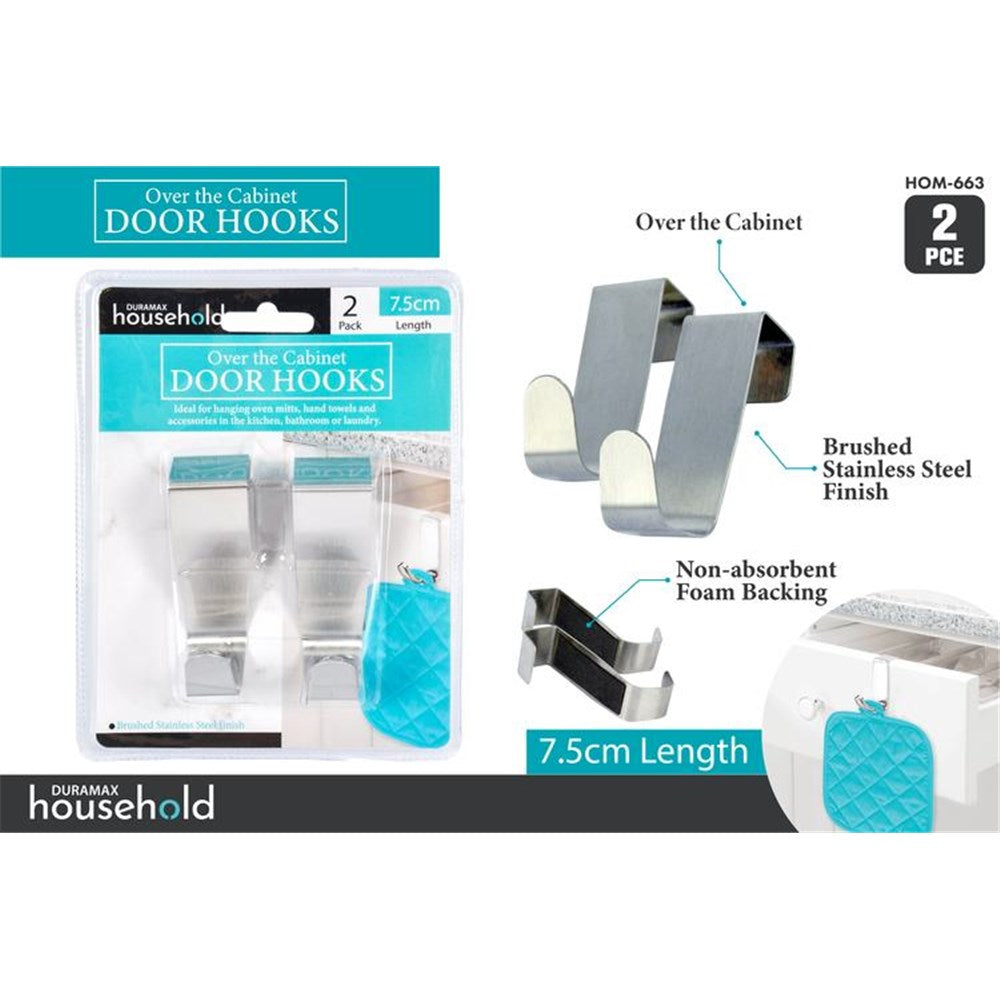 Set of 2 hooks; Brushed stainless steel finish; Non-absorbent foam backing on hook inner side; 7.5cm length; Packaging with blue and black design;