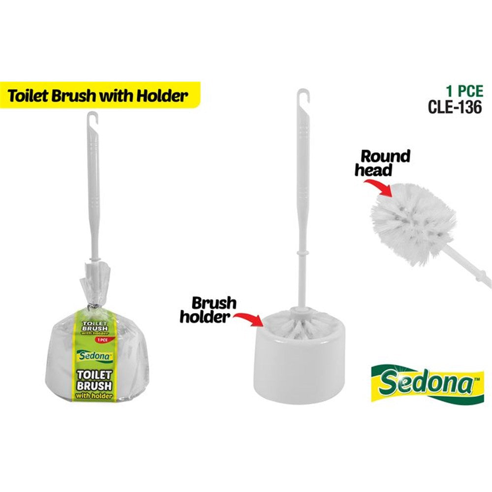 white round brush head; white plastic brush holder; hooked handle on brush; packaged with yellow and green Sedona label;