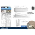 white colour; rubber material; wedge shape; embossed 'DOOR STOP' text; packaged in clear plastic with blue and white label;