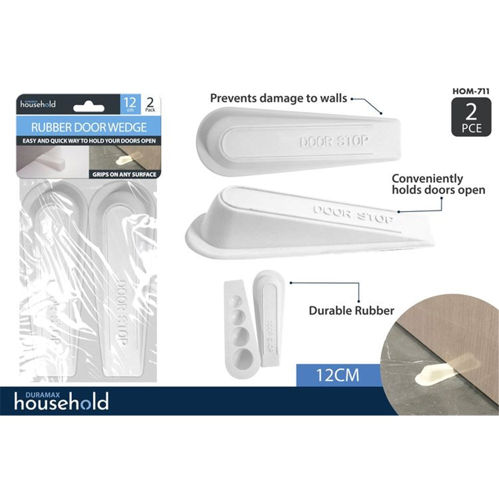 white colour; rubber material; wedge shape; embossed 'DOOR STOP' text; packaged in clear plastic with blue and white label;