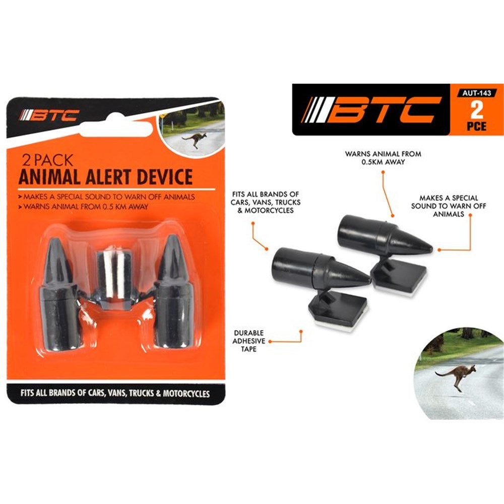 2 black devices with pointed front; Included adhesive tape; Orange and black packaging; Fits cars, vans, trucks, motorcycles;