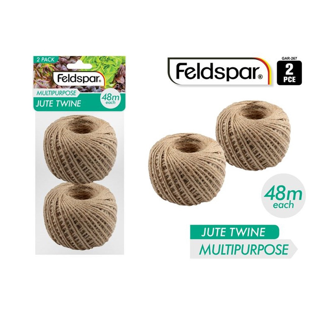2 pack jute twine; natural light brown colour; string twine thickness about 2mm; each spool approx 48 metres long; packaging shows garden plants;