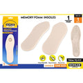 beige colour; pair of insoles; memory foam material; packaging with trim-to-fit guide; unisex one size label;