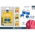 2 pack mini padlocks per blister pack; Available in blue, pink, black, and orange colours; Each padlock includes two matching keys; Swivel shackle design; Packaging labelled 'ez travel secure LOCK';