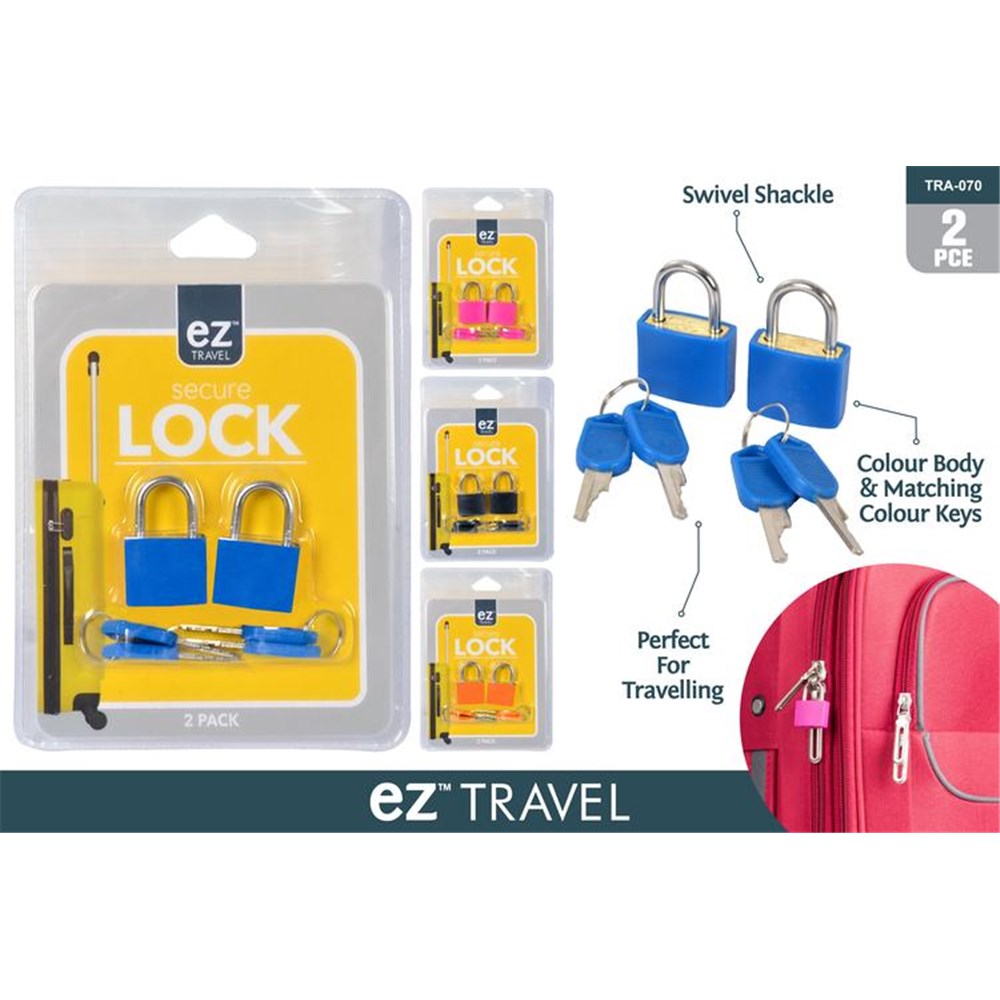 2 pack mini padlocks per blister pack; Available in blue, pink, black, and orange colours; Each padlock includes two matching keys; Swivel shackle design; Packaging labelled 'ez travel secure LOCK';