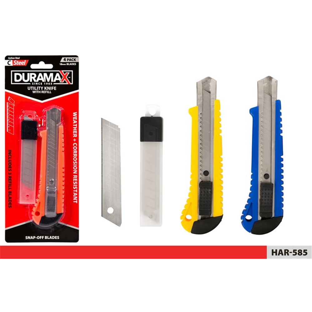 Two utility knives in yellow and blue handles; Includes refill blades in plastic case; Blades have snap-off segments; Packaging shows 4 pack refill blades with red and black card;