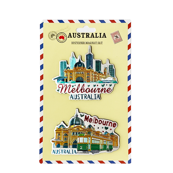 PVC material; 2 pieces per pack; Melbourne city skyline design; Bright colourful print; On cream card backing with red-blue border;