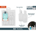 clear plastic bottles; pop-up press caps; 75ml size; premium ziplock packaging; designed for carry-on luggage;