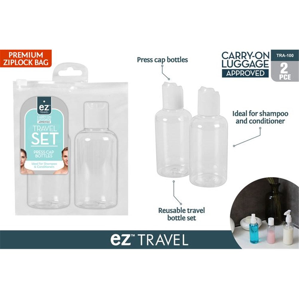 clear plastic bottles; pop-up press caps; 75ml size; premium ziplock packaging; designed for carry-on luggage;