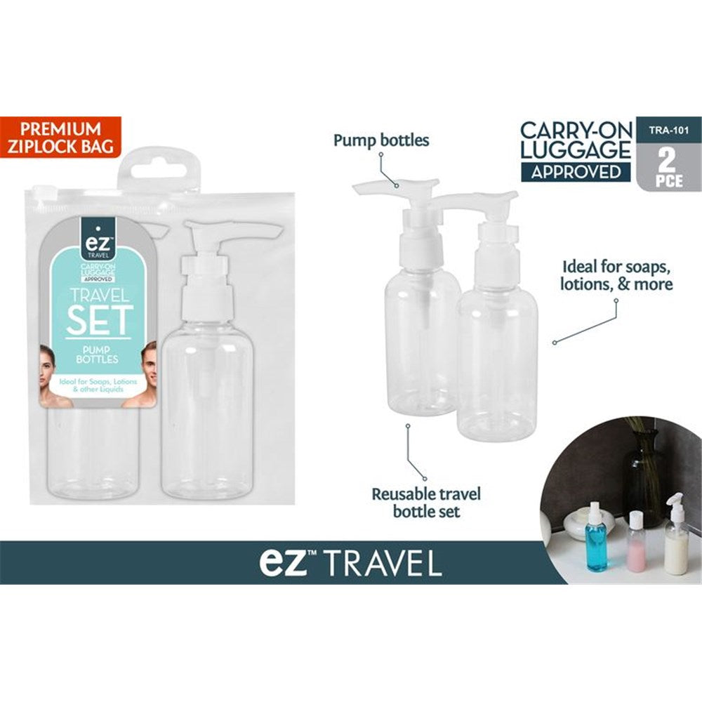 Clear plastic pump bottles; 2 pieces included; 75ml capacity each; Premium ziplock bag packaging; Carry-on luggage approved label;