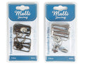 Two sets of suspender buckles per pack; One pack in silver colour finish; One pack in antique bronze colour finish; Metal material; Packaging with blue header labelled 'Malli Sewing';