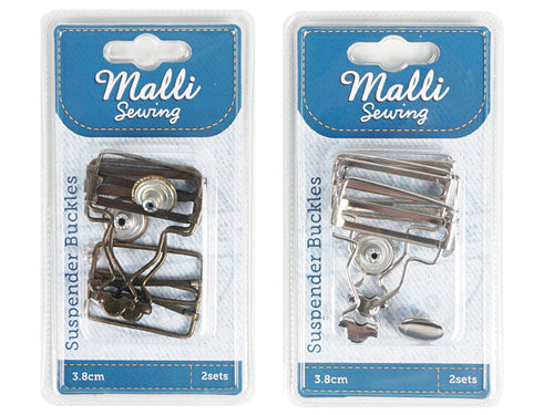 Two sets of suspender buckles per pack; One pack in silver colour finish; One pack in antique bronze colour finish; Metal material; Packaging with blue header labelled 'Malli Sewing';