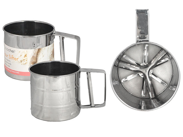 stainless steel material; 3 cup capacity; hand crank mechanism; rectangular handle shape;