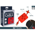 red colour; compact rectangular retractable design; USB-A plug; includes Micro USB, USB-C, and Lightning connectors; built-in phone stand feature;