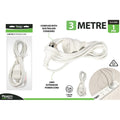 white colour; 3 metre length; Australian plug and socket; rounded plug ends; plastic insulation;