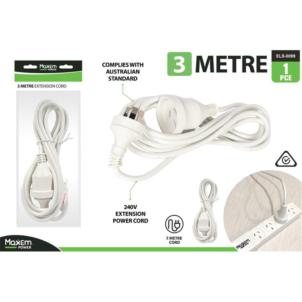 white colour; 3 metre length; Australian plug and socket; rounded plug ends; plastic insulation;