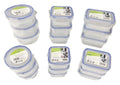 set of 3 containers; clear plastic body; blue clip & lock lids; various shapes including round and rectangular; packaging label with barcode and brand;