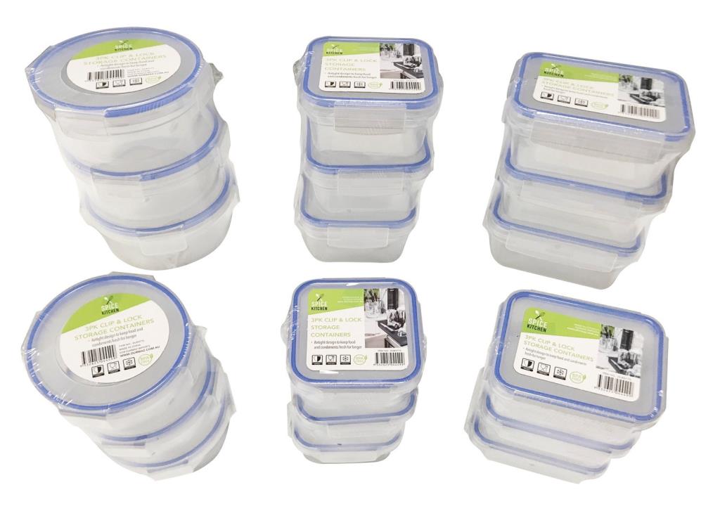 set of 3 containers; clear plastic body; blue clip & lock lids; various shapes including round and rectangular; packaging label with barcode and brand;