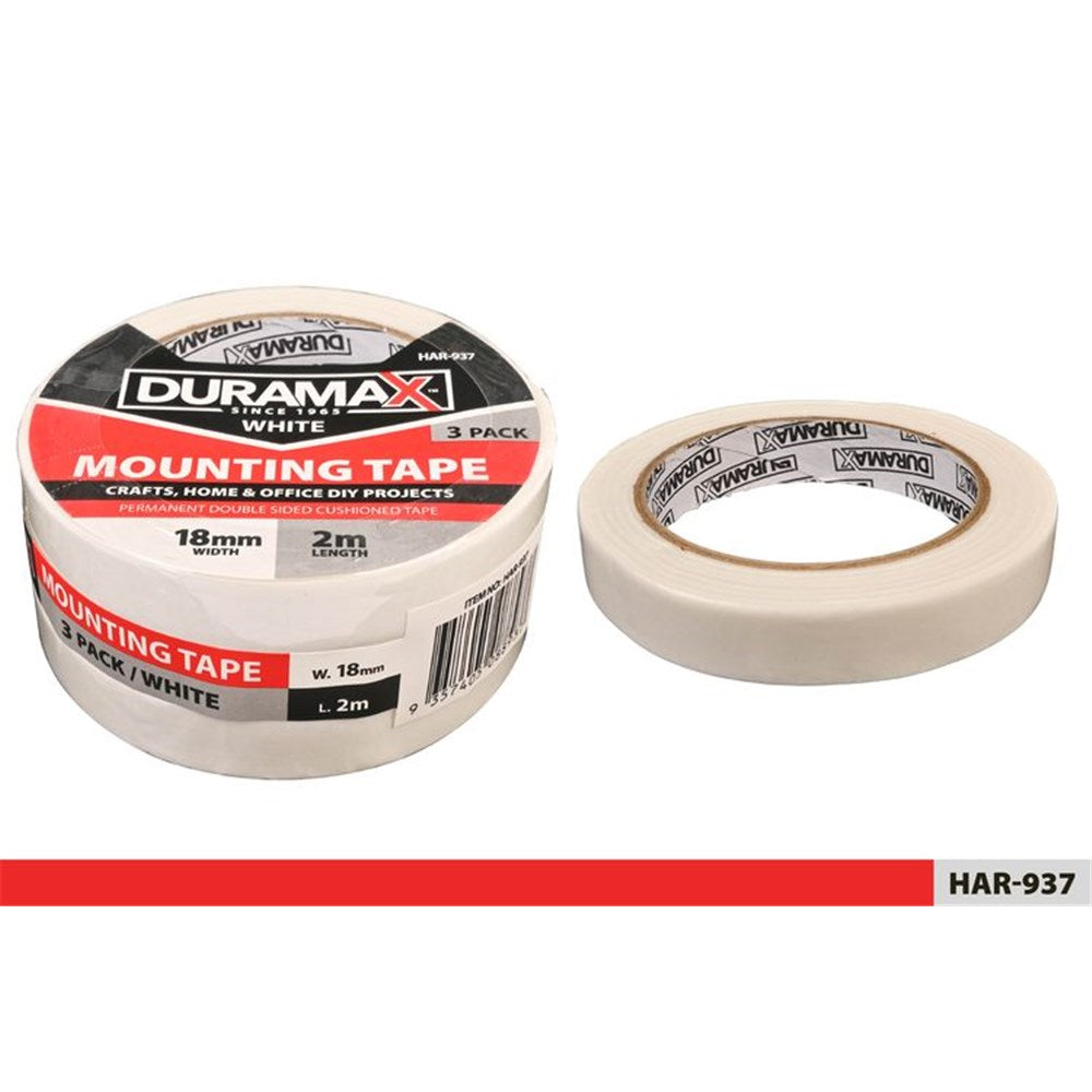 White coloured tape; Roll width approximately 18mm; Packaging indicates 3 pack; 2 metres length per roll; Paper core with Duramax branding;