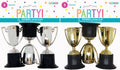 Set of 3 trophies per pack; Silver and gold trophy colours; Black bases; Classic trophy shape with two handles each; Glossy plastic material;