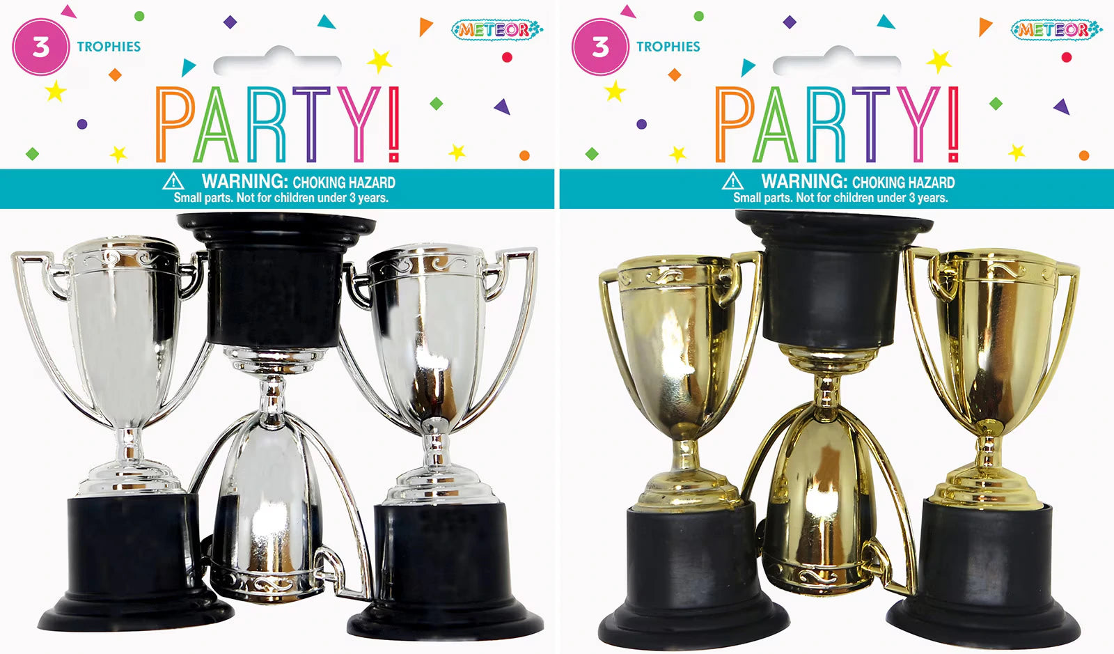 Set of 3 trophies per pack; Silver and gold trophy colours; Black bases; Classic trophy shape with two handles each; Glossy plastic material;
