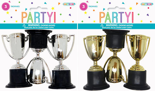 Set of 3 trophies per pack; Silver and gold trophy colours; Black bases; Classic trophy shape with two handles each; Glossy plastic material;