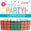 Three puzzle cubes; Red, green, orange, yellow, white, blue colours; Plastic material; Packaged with header card; Party themed packaging;