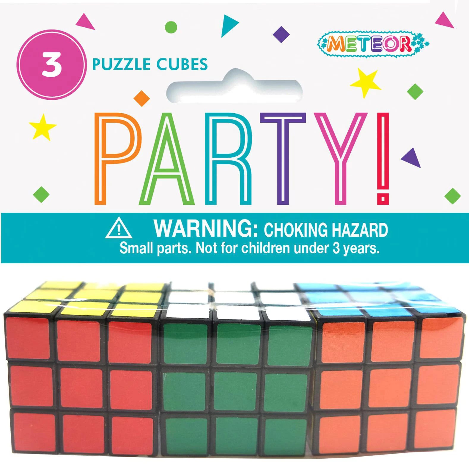 Three puzzle cubes; Red, green, orange, yellow, white, blue colours; Plastic material; Packaged with header card; Party themed packaging;
