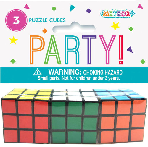 Three puzzle cubes; Red, green, orange, yellow, white, blue colours; Plastic material; Packaged with header card; Party themed packaging;