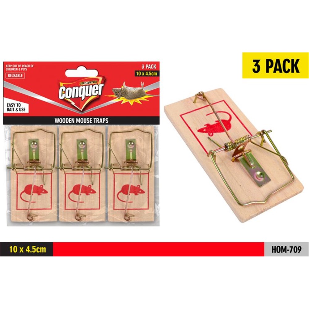 pack of three wooden mouse traps; wooden base with metal spring mechanism; red mouse graphic printed on each trap; dimensions approximately 10 x 4.5cm; packaged with red and black labelled card backing;