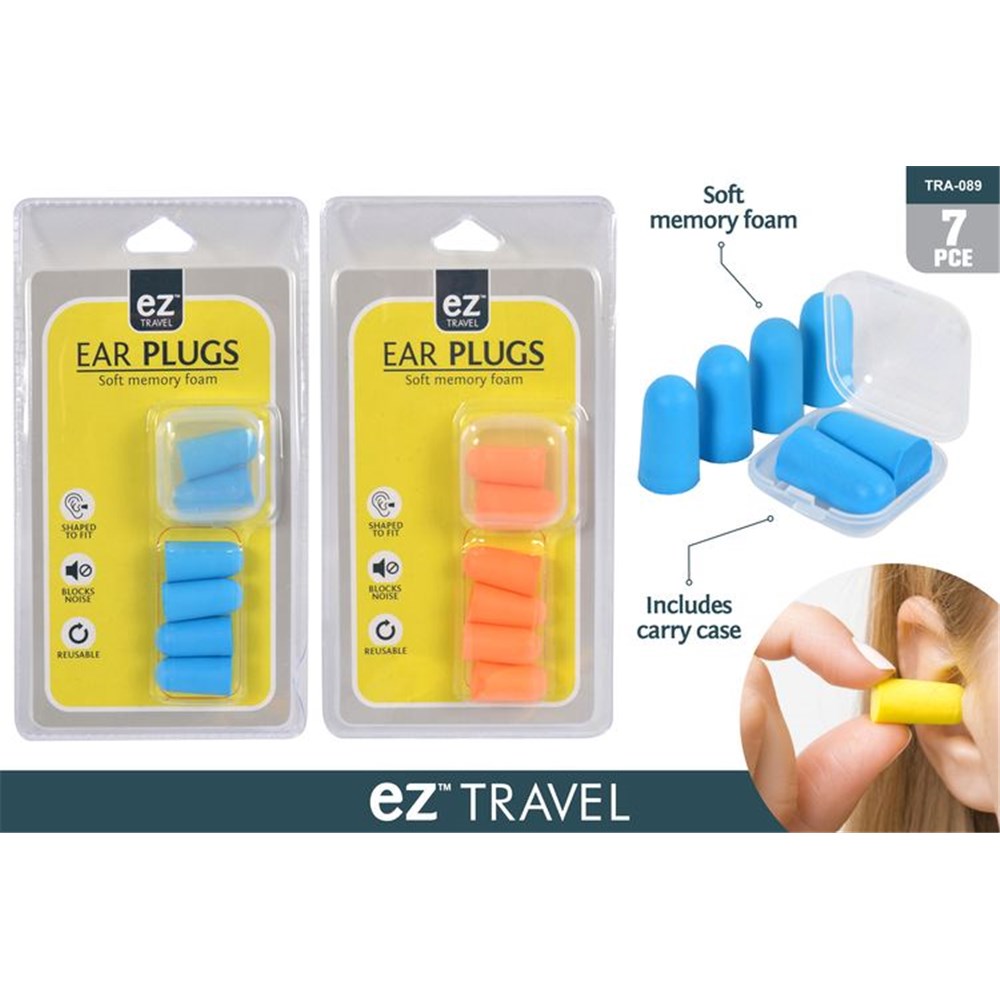 Foam ear plugs in two colours: blue and orange; Includes clear hard plastic carry case; Soft memory foam material; Ear plugs shaped to fit ear canal;