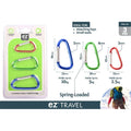 3 metal carabiners in red, green, and blue; D-shaped rings with spring-loaded gates; Packaged in clear blister pack with green backing; Sizes vary with visible dimensions and weight ratings;