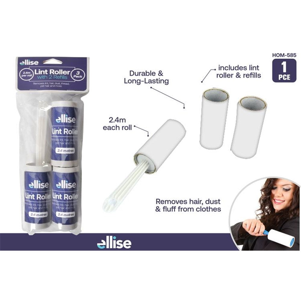 3 piece set packaging; white lint roller with blue label; includes two refill rolls; roller has white handle; blue and white product label;
