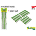 3 metallic mesh sponges in green and silver stripes; packaged in clear plastic; rectangular shape; striped green and silver mesh material;