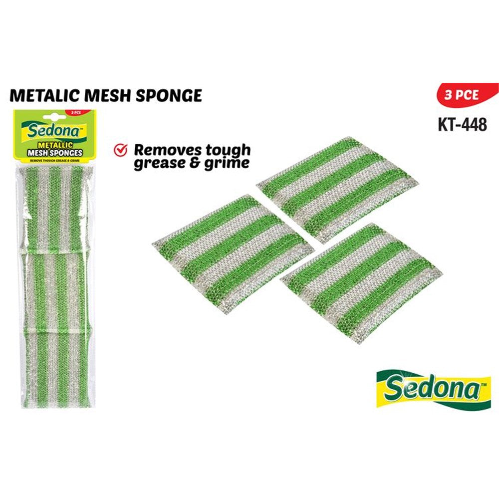 3 metallic mesh sponges in green and silver stripes; packaged in clear plastic; rectangular shape; striped green and silver mesh material;