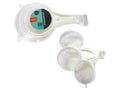 three white plastic strainers; fine mesh straining surface; handles with hanging loops; various strainer sizes in set; packaging with circular label;