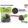 3 stainless steel scourers; green plastic handle; clear plastic packaging; round, coiled scourer shape;
