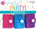3 small notebooks attached to keyrings; sequins covering each notebook in different colours; button snap closure on each notebook; packaging header with colorful PARTY text;