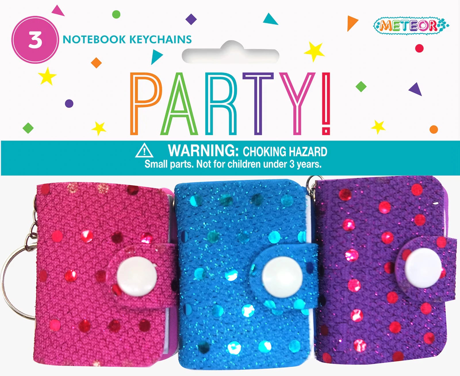 3 small notebooks attached to keyrings; sequins covering each notebook in different colours; button snap closure on each notebook; packaging header with colorful PARTY text;